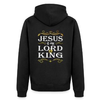 Jesus Christus Christen he is my lord and king - Unisex Premium Bio Zip Hoodie - Schwarz - Hinten - Nico (187cm)