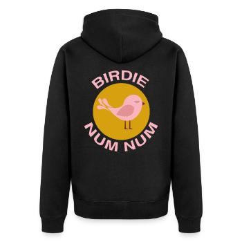 Birdie Num Num - Unisex Premium Bio Zip Hoodie - Schwarz - Hinten - Nico (187cm)