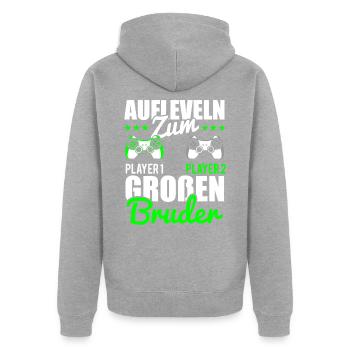 Gamer Bruder Aufleveln zum Grossen Bruder - Unisex Premium Bio Zip Hoodie - Grau meliert - Hinten - Nico (187cm)