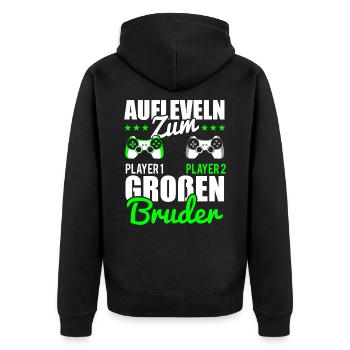 Gamer Bruder Aufleveln zum Grossen Bruder - Unisex Premium Bio Zip Hoodie - Schwarz - Hinten - Nico (187cm)