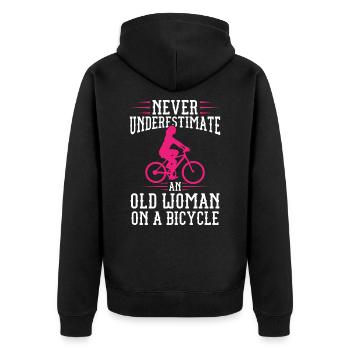 Never Underestimate An Old Woman On A Bicycle - Unisex Premium Organic Zip Hoodie - black - Back - Nico (187cm)