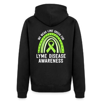 Wir tragen Lime Green Lyme Disease Awareness Tick - Unisex Premium Bio Zip Hoodie - Schwarz - Hinten - Nico (187cm)