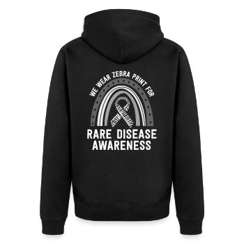 Wir tragen Zebra Print Rare Disease Awareness EDS - Unisex Premium Bio Zip Hoodie - Schwarz - Hinten - Nico (187cm)