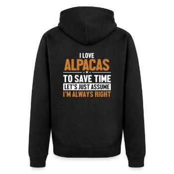 Alpacas Let's Assume I'm Right Huacaya Pako Lama - Unisex Premium Bio Zip Hoodie - Schwarz - Hinten - Nico (187cm)