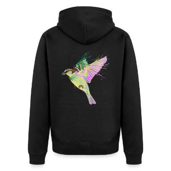 Bunter Fliegender Haussperling Splash Vogel Spatz - Unisex Premium Bio Zip Hoodie - Schwarz - Hinten - Nico (187cm)