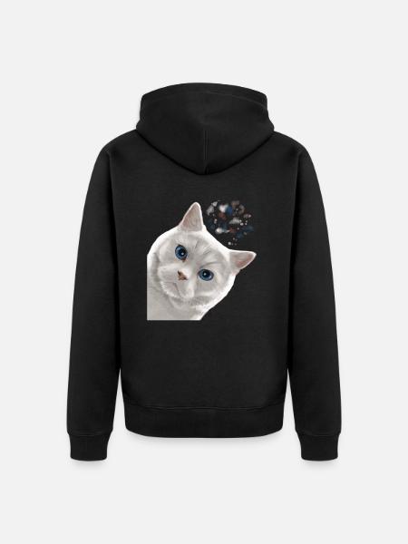 Funny Curious White British Shorthair Cat - Unisex Premium Organic Zip Hoodie - black