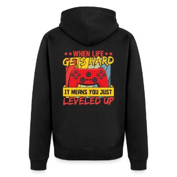When Life Get Hard It Means You Just Leveled Up - Unisex Premium Bio Zip Hoodie - Schwarz - Hinten - Nico (187cm)