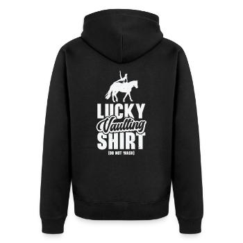 Pferdesport Voltigieren Funny Lucky Riding Reiten - Unisex Premium Bio Zip Hoodie - Schwarz - Hinten - Nico (187cm)