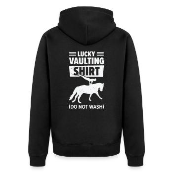 Pferdesport Voltigieren Funny Lucky Riding Reiten - Unisex Premium Bio Zip Hoodie - Schwarz - Hinten - Nico (187cm)