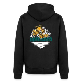 Das Leben ist hier Naturliebhaber Wandern Camping - Unisex Premium Bio Zip Hoodie - Schwarz - Hinten - Nico (187cm)
