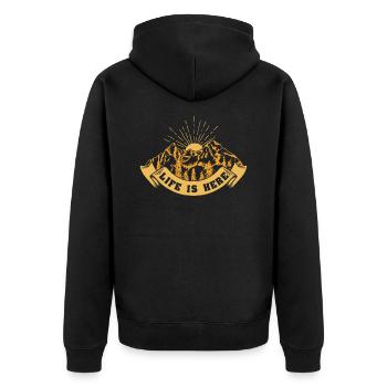 Das Leben ist hier Naturliebhaber Wandern Camping - Unisex Premium Bio Zip Hoodie - Schwarz - Hinten - Nico (187cm)