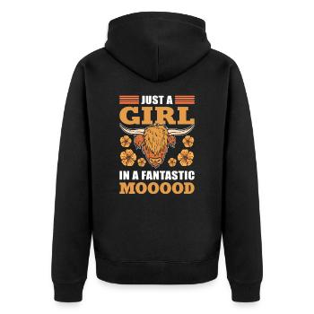 Just A Girl in a Fantastic Mooood Highland Cattle - Unisex Premium Bio Zip Hoodie - Schwarz - Hinten - Nico (187cm)
