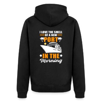 I Love The Smell Of A New Port In Morning - Unisex Premium Bio Zip Hoodie - Schwarz - Hinten - Nico (187cm)