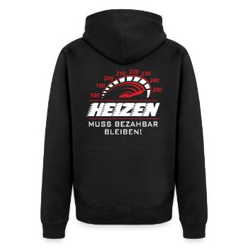 Heizen muss bezahlbar bleiben - Unisex Premium Bio Zip Hoodie - Schwarz - Hinten - Nico (187cm)