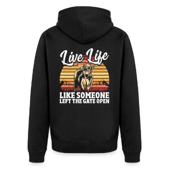 Live Life Like Someone Left The Gate Open - Unisex Premium Organic Zip Hoodie - black - Back - Nico (187cm)