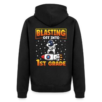 In die 1. Klasse zurück in die Schule - Unisex Premium Bio Zip Hoodie - Schwarz - Hinten - Nico (187cm)