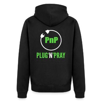 PnP = Plug'n'Pray Programming Programmer Coding - Unisex Premium Bio Zip Hoodie - Schwarz - Hinten - Nico (187cm)