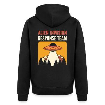 Alien Invasion Response Team Aliens UFO - Unisex Premium Bio Zip Hoodie - Schwarz - Hinten - Nico (187cm)