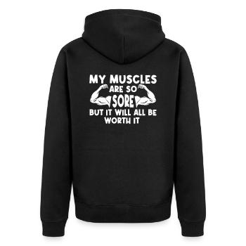 Muskelkater Gewichtstraining Fitnessstudio - Unisex Premium Bio Zip Hoodie - Schwarz - Hinten - Nico (187cm)