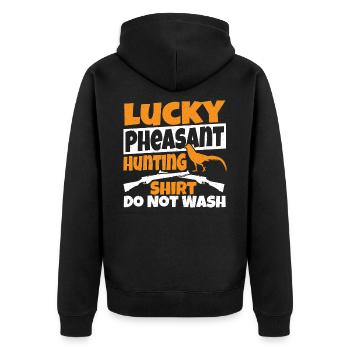 Lucky Pheasant Hunting Shirt Do Not Wash Pheasant - Unisex Premium Organic Zip Hoodie - black - Back - Nico (187cm)