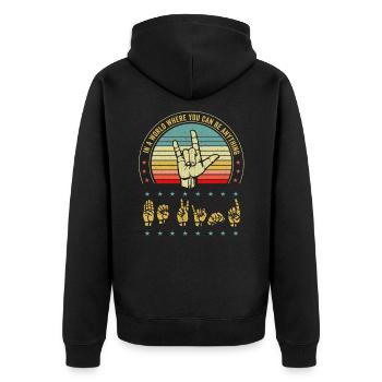 Amerikanische Gebärdensprache ASL Be Kind - Unisex Premium Bio Zip Hoodie - Schwarz - Hinten - Nico (187cm)