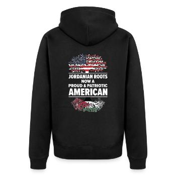 Geboren als Jordanier Jordanien Amerikaner USA US - Unisex Premium Bio Zip Hoodie - Schwarz - Hinten - Nico (187cm)