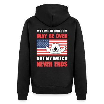 My Watch Never Ends Retired Deputy Sheriff Police - Unisex Premium Bio Zip Hoodie - Schwarz - Hinten - Nico (187cm)