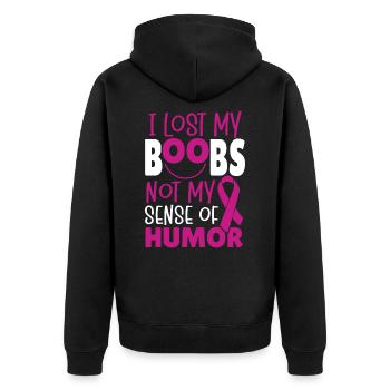 I Lost My Boobs Not My Sense Of Humor Breast - Unisex Premium Organic Zip Hoodie - black - Back - Nico (187cm)
