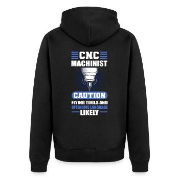CNC Machinist Caution Flying Tools CNC Operator - Unisex Premium Organic Zip Hoodie - black - Back - Nico (187cm)