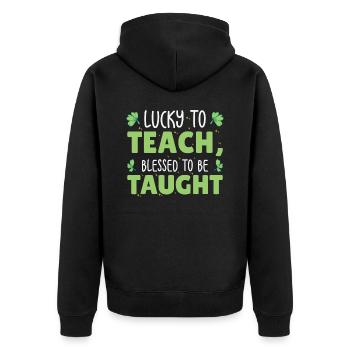 St. Patrick's Day Lehre Lucky Shamrock Clover - Unisex Premium Bio Zip Hoodie - Schwarz - Hinten - Nico (187cm)