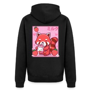 Kawaii Red Panda Erdbeer-Milch-Shake Otaku - Unisex Premium Bio Zip Hoodie - Schwarz - Hinten - Nico (187cm)