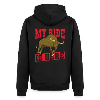 My Ride Is Here Rodeo Bullriding - Unisex Premium Bio Zip Hoodie - Schwarz - Hinten - Nico (187cm)