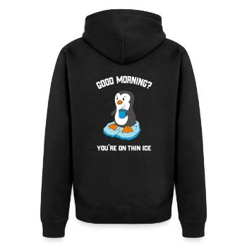 Funny Good Morning Penguin with Coffee - Unisex Premium Organic Zip Hoodie - black - Back - Nico (187cm)