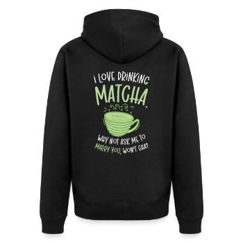 Matcha Lover Hochzeit Matcha Tee Anmachsprüche - Unisex Premium Bio Zip Hoodie - Schwarz - Hinten - Nico (187cm)