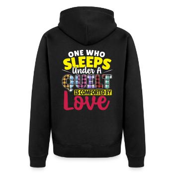 One Who Sleeps Under A Quilt Is Comforted By Love - Unisex Premium Organic Zip Hoodie - black - Back - Nico (187cm)