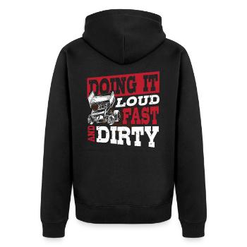 Doing It Loud Fast And Dirty Dirt Track Racing - Unisex Premium Bio Zip Hoodie - Schwarz - Hinten - Nico (187cm)
