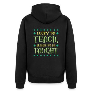 St. Patrick's Day Lehre Lucky Shamrock Clover - Unisex Premium Bio Zip Hoodie - Schwarz - Hinten - Nico (187cm)