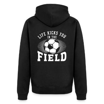 LIFE KICKS YOU IN THE FIELD - Unisex Premium Organic Zip Hoodie - black - Back - Nico (187cm)