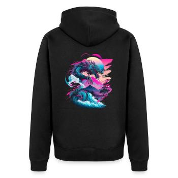 Drache Vaporwave Abstrakte Landschaft Mond Baum - Unisex Premium Bio Zip Hoodie - Schwarz - Hinten - Nico (187cm)
