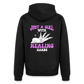 Massagetherapeutin Therapie lizenzierter Masseur - Unisex Premium Bio Zip Hoodie - Schwarz - Hinten - Nico (187cm)
