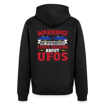 Warning! May Spontaneously Start Talking About - Unisex Premium Organic Zip Hoodie - black - Back - Nico (187cm)