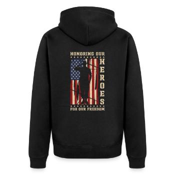 USA Independence Military Heroes Soldier Freedom - Unisex Premium Organic Zip Hoodie - black - Back - Nico (187cm)