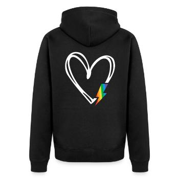 Subtiler Pride-Monat Minimalistisches Regenbogenflaggenherz - Unisex Premium Bio Zip Hoodie - Schwarz - Hinten - Nico (187cm)