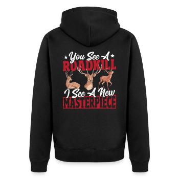 Du siehst einen überfahrenen Tierkörper, ich sehe - Unisex Premium Bio Zip Hoodie - Schwarz - Hinten - Nico (187cm)