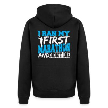 Ich bin meinen ersten Marathon gelaufen und nicht - Unisex Premium Bio Zip Hoodie - Schwarz - Hinten - Nico (187cm)