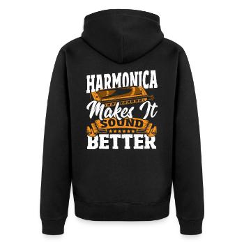 Mundharmonika lässt es besser klingen - Unisex Premium Bio Zip Hoodie - Schwarz - Hinten - Nico (187cm)