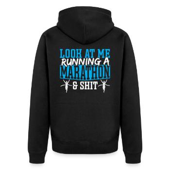 Sieh mich an, wie ich einen Marathon laufe & - Unisex Premium Bio Zip Hoodie - Schwarz - Hinten - Nico (187cm)