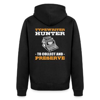 Schreibmaschinenjäger zum Sammeln und Bewahren - Unisex Premium Bio Zip Hoodie - Schwarz - Hinten - Nico (187cm)