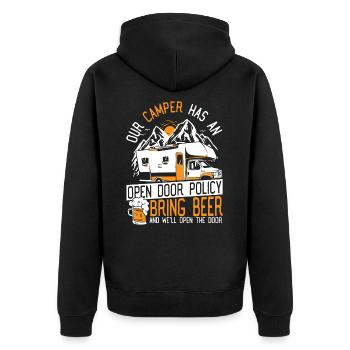 Unser Camper hat eine Politik der offenen Tür RV - Unisex Premium Bio Zip Hoodie - Schwarz - Hinten - Nico (187cm)
