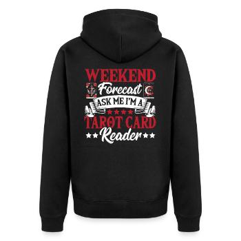 Wochenendvorhersage Frag mich, ich bin ein - Unisex Premium Bio Zip Hoodie - Schwarz - Hinten - Nico (187cm)